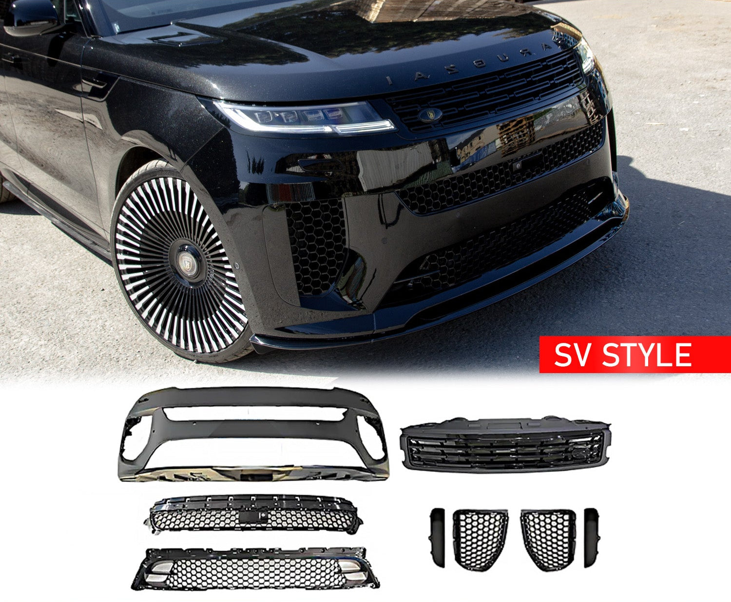 Front Quarter SV Style Black Car Body Kit for Range Rover Sport 2023+ with Enkahnz branding and product shots in the bottom.