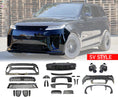 Load image into Gallery viewer, Front Quarter White shot of a SV Style Black Car Front Bumper and Grille, in an opaque background, for Range Rover Sport 2023+ with Enkahnz branding and product shots in the bottom.
