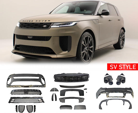 Range Rover Sport 2023+ with SV Style bodykit components displayed below, branded by Enkahnz.