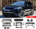 Load image into Gallery viewer, Front Quarter Range Rover Sport 2023+ with SV Style bodykit components displayed below, branded by Enkahnz.
