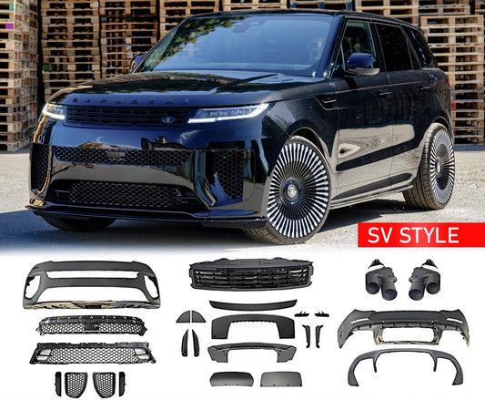 Front Quarter Range Rover Sport 2023+ with SV Style bodykit components displayed below, branded by Enkahnz.