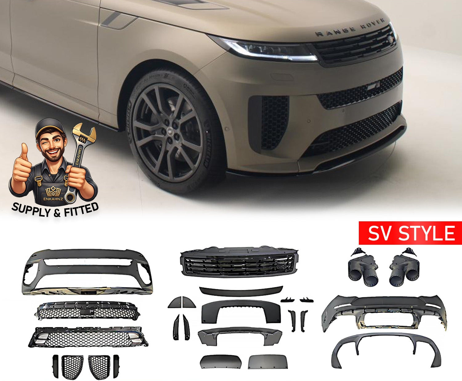 SV Style Car body kit for Range Rover Sport 2023+ with Enkahnz branding and product shots in the bottom with a white background.