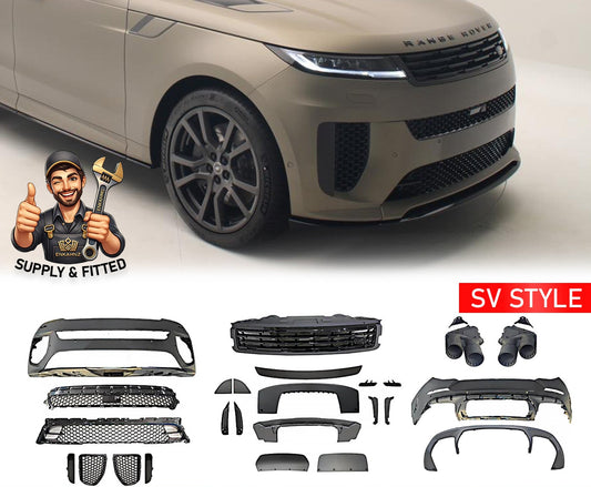 SV Style Car body kit for Range Rover Sport 2023+ with Enkahnz branding and product shots in the bottom with a white background.