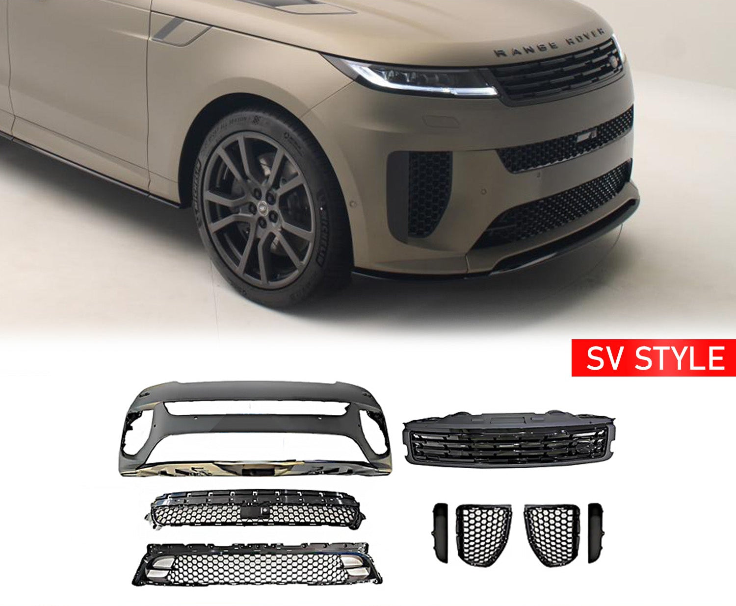 SV Style Car body kit for Range Rover Sport 2023+ with Enkahnz branding and product shots in the bottom with a white background.