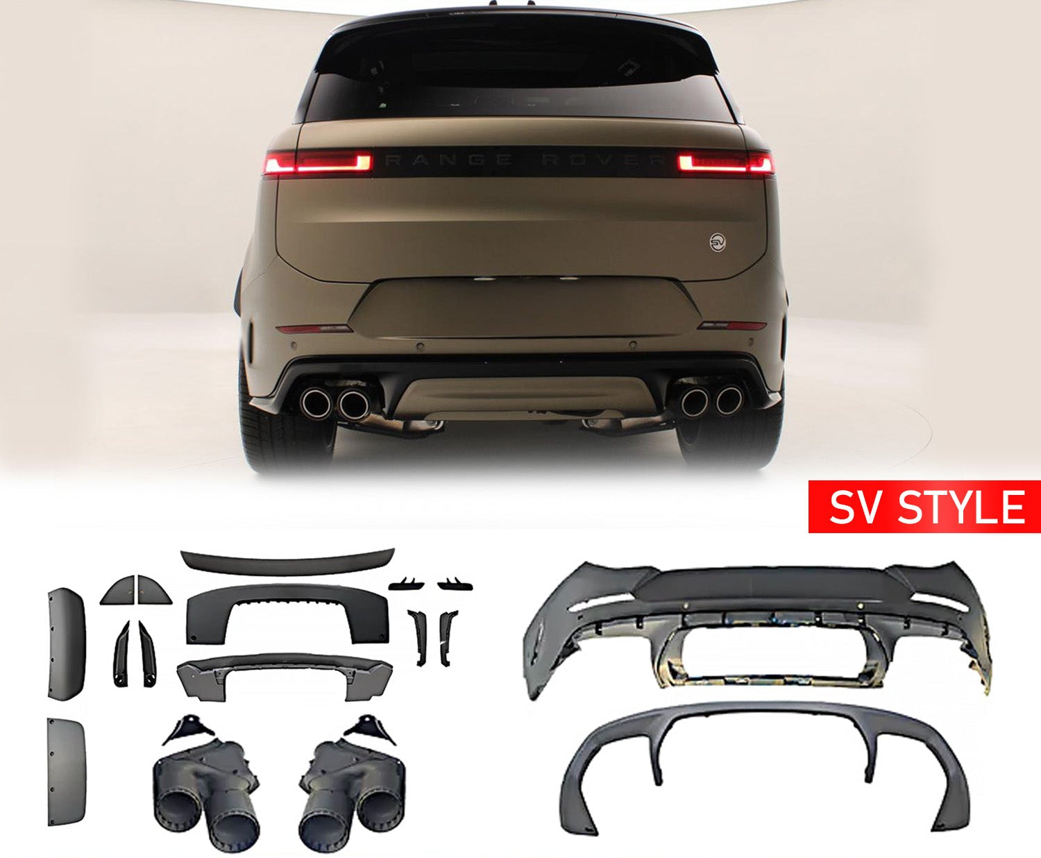 SV style Car body kit for Range Rover Sport 2023+ with Enkahnz branding and the products in the bottom.