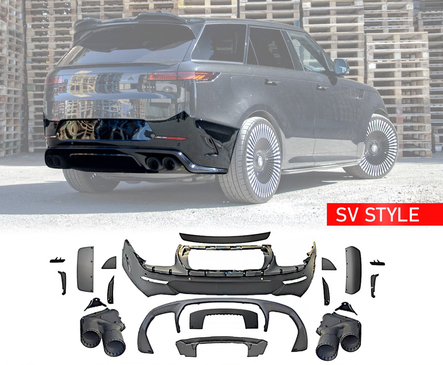 Rear Quarter White shot of SV Style Black Back Bumper for Range Rover Sport 2023+ with Enkahnz branding and product shots in the bottom.