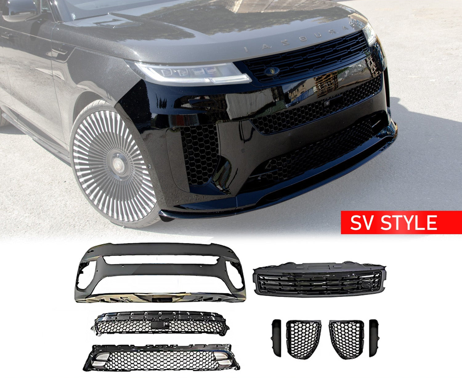 Front Quarter White Shot of a  SV Style Black Car Body Kit for Range Rover Sport 2023+ with Enkahnz branding and product shots in the bottom.