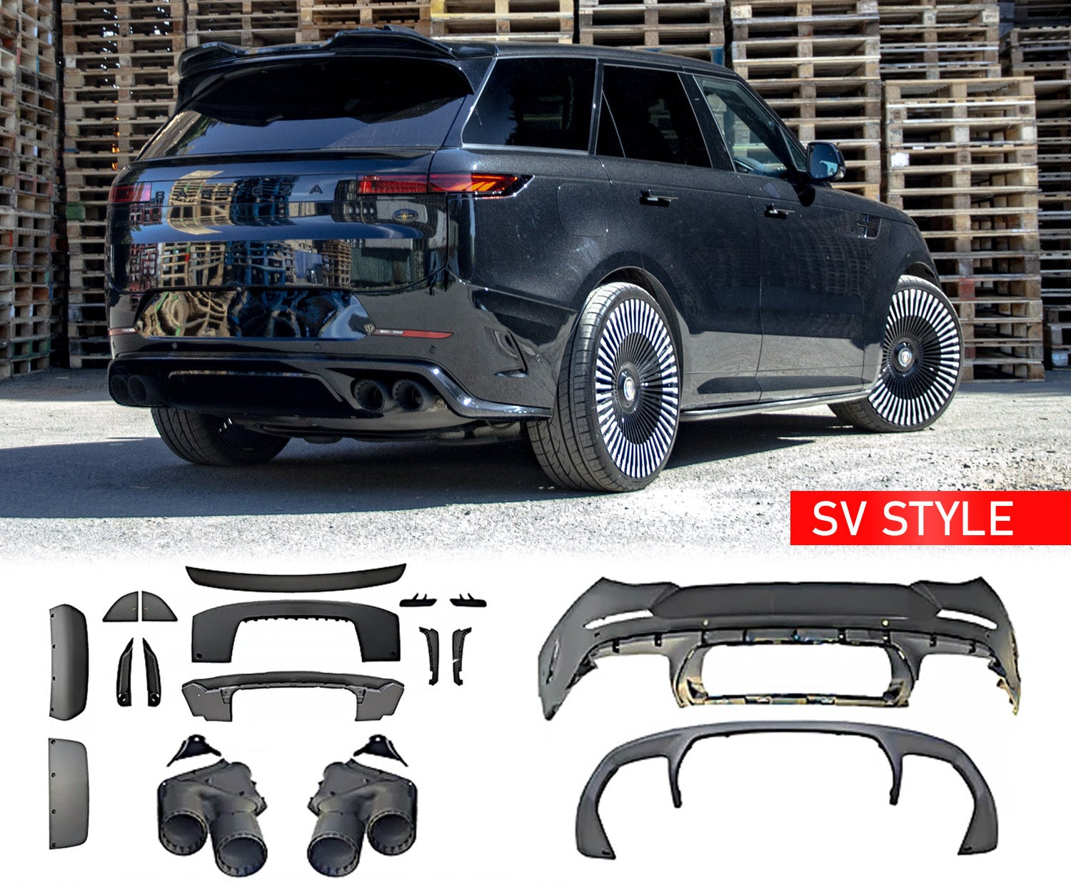 Rear Quarter SV Style Black Car Body Kit for Range Rover Sport 2023+ with Enkahnz branding and product shots in the bottom.
