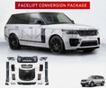 Load image into Gallery viewer, 2013–2018 Range Rover L405 with this SVO Style Facelift Conversion Bodykit. Includes Front bumper complete with all mesh inserts, Rear bumper complete with diffuser, Centre Grille, Side Vents (x2), Door Mouldings (x6), Quad Exhaust tailpipes (x2), Facelift Matrix LED Headlights (x2), and Facelift Rear LED taillights (x2). The Bodykit is displayed on top with the assets provided in a white background in the bottom. 
