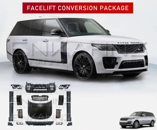 2013–2018 Range Rover L405 with this SVO Style Facelift Conversion Bodykit. Includes Front bumper complete with all mesh inserts, Rear bumper complete with diffuser, Centre Grille, Side Vents (x2), Door Mouldings (x6), Quad Exhaust tailpipes (x2), Facelift Matrix LED Headlights (x2), and Facelift Rear LED taillights (x2). The Bodykit is displayed on top with the assets provided in a white background in the bottom. 