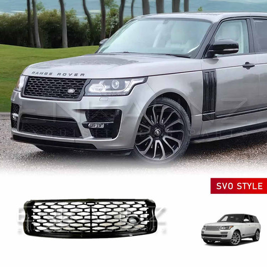 Zoomed-in front quarter angle of a silver Range Rover Sport fitted with the ENKAHNZ SVO style centre grille, highlighting the grille’s bold design.