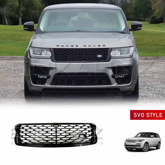 Front close-up angle of a silver Range Rover Sport with the ENKAHNZ SVO style grille fitted, accompanied by the product image at the bottom.