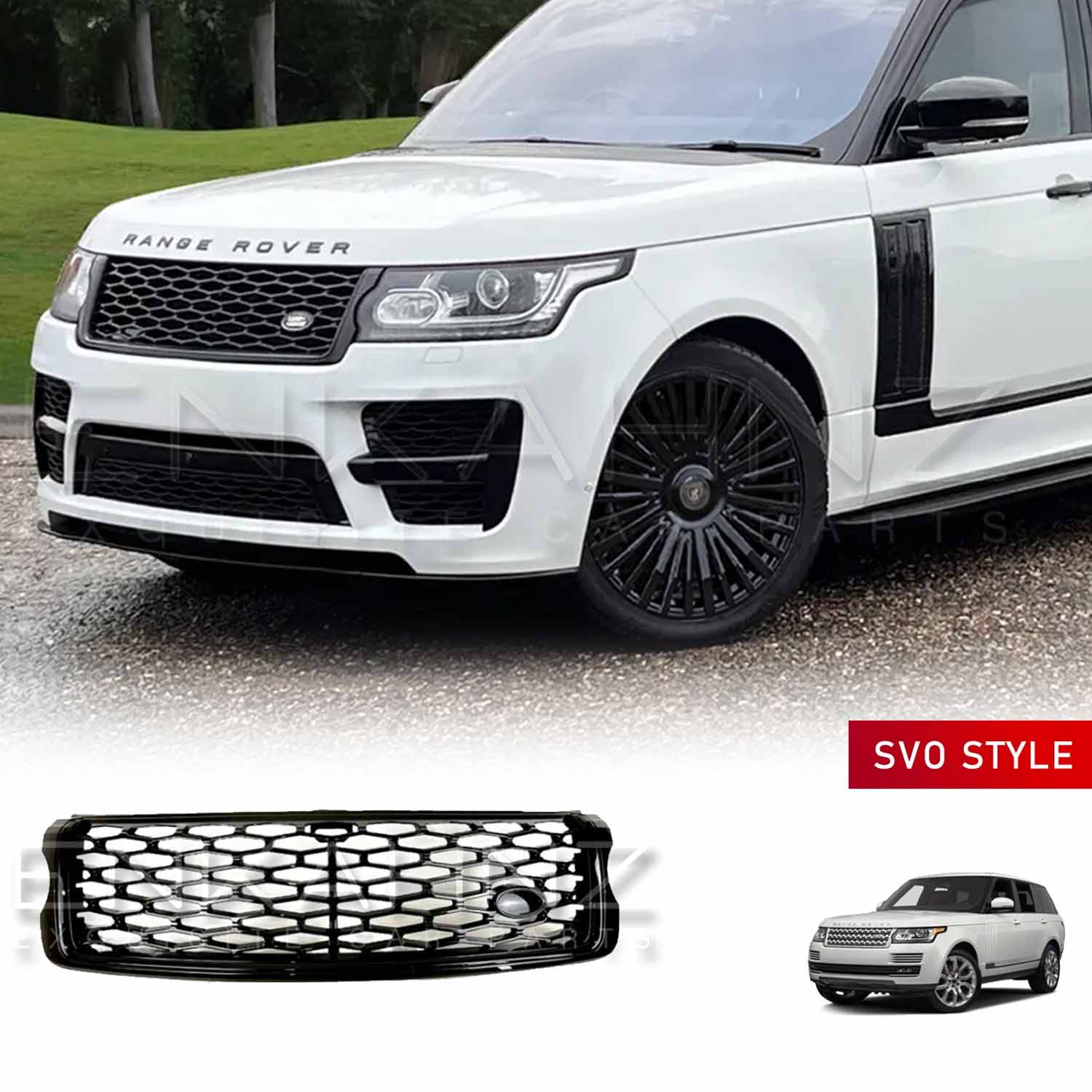Front quarter close-up of a white Range Rover Sport showing the ENKAHNZ SVO style centre grille, with product image at the bottom.
