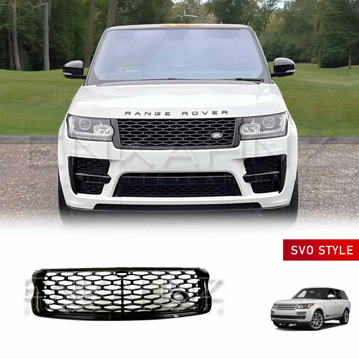 Front angle of a white Range Rover Sport featuring the ENKAHNZ SVO style grille, with a grille product image shown at the bottom.