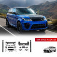 Load image into Gallery viewer, Blue Range Rover Sport 2018–2022 with full SVR bodykit conversion, showing the upgraded SUV with all included parts displayed as PNG images at the bottom.
