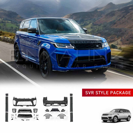 Blue Range Rover Sport 2018–2022 with full SVR bodykit conversion, showing the upgraded SUV with all included parts displayed as PNG images at the bottom.