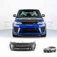 Load image into Gallery viewer, Front angle view of a blue Range Rover Sport 2018–2022 fitted with SVR conversion bodykit, featuring the front bumper as a highlighted product image beneath the main car.
