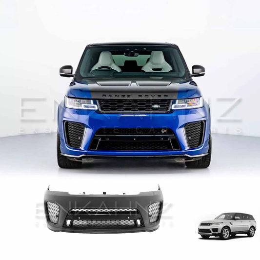 Front angle view of a blue Range Rover Sport 2018–2022 fitted with SVR conversion bodykit, featuring the front bumper as a highlighted product image beneath the main car.