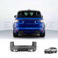 Load image into Gallery viewer, Rear angle of the blue Range Rover Sport 2018–2022 showcasing the SVR-style rear bumper with the bumper product image at the bottom.
