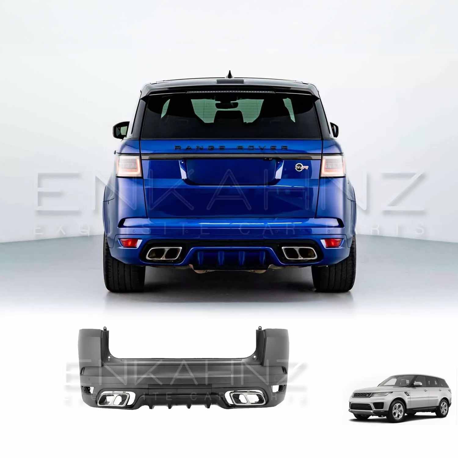 Rear angle of the blue Range Rover Sport 2018–2022 showcasing the SVR-style rear bumper with the bumper product image at the bottom.