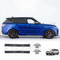 Load image into Gallery viewer, Side angle of the blue Range Rover Sport 2018–2022 displaying SVR side door mouldings and wheel arches, with corresponding product images underneath.
