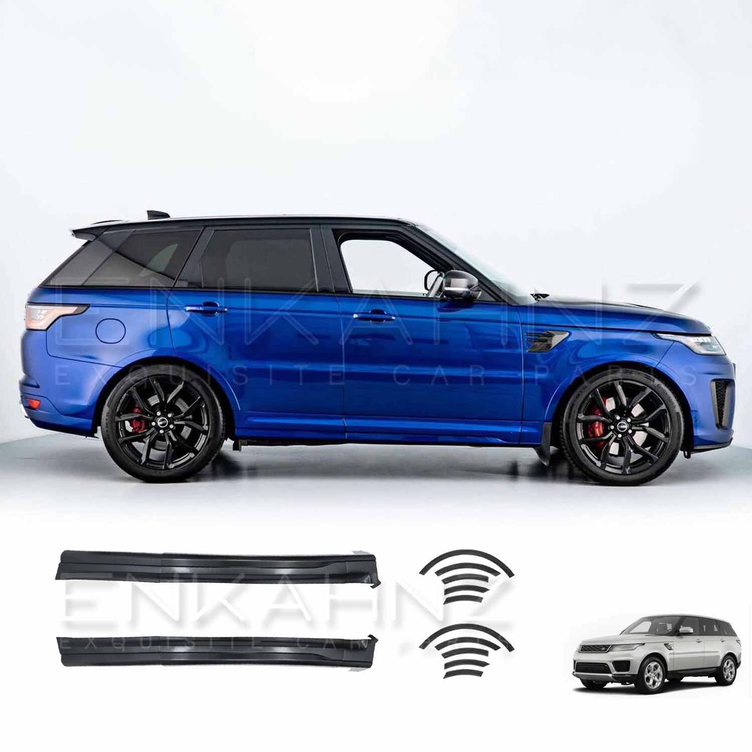 Side angle of the blue Range Rover Sport 2018–2022 displaying SVR side door mouldings and wheel arches, with corresponding product images underneath.
