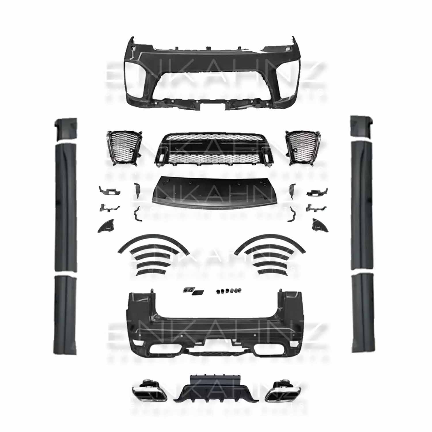 Complete set of SVR-style bodykit parts for Range Rover Sport 2018–2022, all components neatly arranged and laid out on the floor.