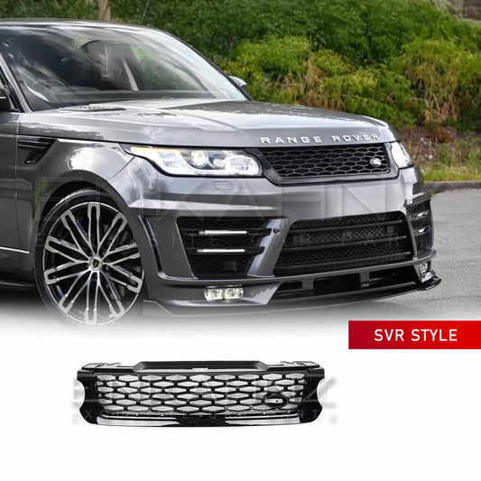 Front quarter angle, slight closeup of a grey Range Rover Sport L494 (2013) featuring the ENKAHNZ SVR grille, emphasizing the sporty, aggressive design fitted to the car.