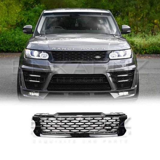 Front angle view of a grey Range Rover Sport L494 (2013) with the ENKAHNZ SVR grille installed, showcasing the bold and modern upgrade to the vehicle’s fascia.
