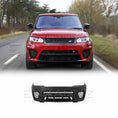 Load image into Gallery viewer, Front-facing view of a red Range Rover Sport with the ENKAHNZ SVR style front bumper conversion fitted, driving on a motorway with trees lining the background, showcasing an aggressive and sporty front-end upgrade.
