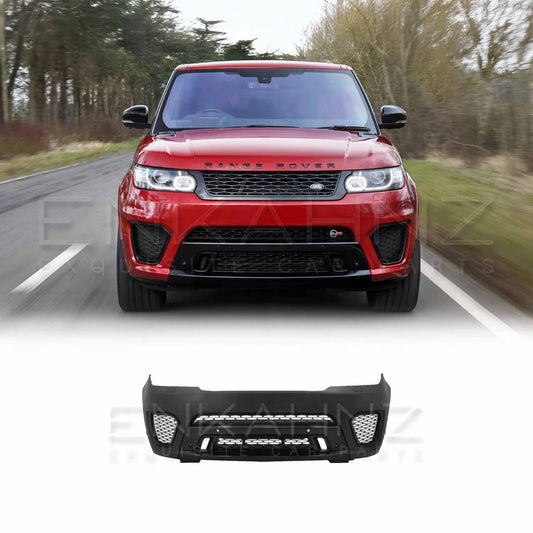 Front-facing view of a red Range Rover Sport with the ENKAHNZ SVR style front bumper conversion fitted, driving on a motorway with trees lining the background, showcasing an aggressive and sporty front-end upgrade.