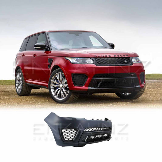 Red Range Rover Sport parked on a grassy hill under cloudy skies, featuring the ENKAHNZ SVR style front bumper conversion; the product bumper image is displayed at the bottom for clear reference.