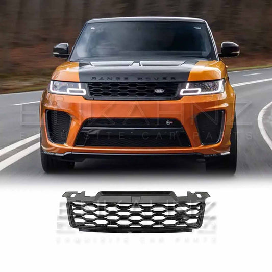 Orange Range Rover Sport 2018–2022 driving on the road, fitted with Enkahnz SVR style gloss black centre grille.
