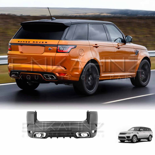 Orange Range Rover Sport 2018–2022 driving on the road, fitted with the Enkahnz SVR style rear bumper, with a product image of the rear bumper displayed at the bottom.