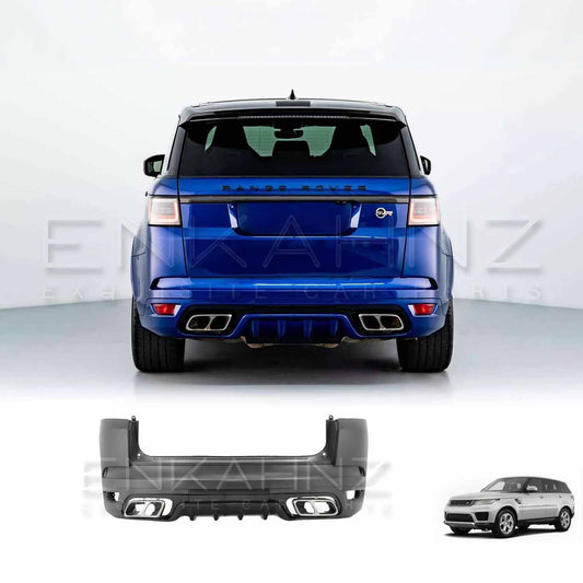 Blue Range Rover Sport 2018–2022 in a studio with an almost white backdrop, showcasing the Enkahnz SVR style rear bumper, and the bumper product image underneath.