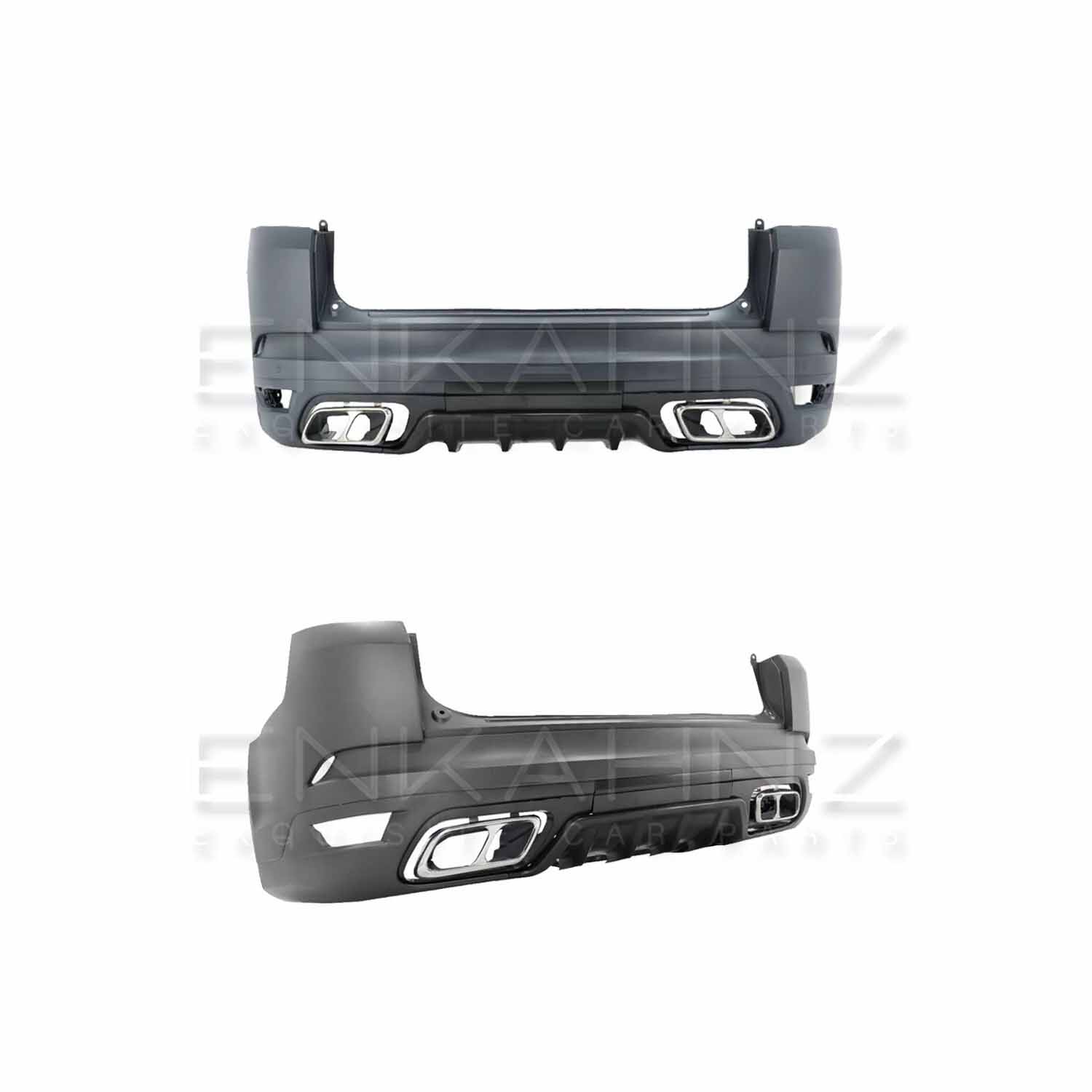 Enkahnz SVR style rear bumper for Range Rover Sport 2018–2022, shown from two different angles, isolated on a white background.