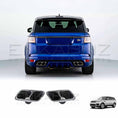 Load image into Gallery viewer, Blue Range Rover Sport 2018–2022 fitted with ENKAHNZ SVR style exhaust, with the product image of the exhaust displayed at the bottom.
