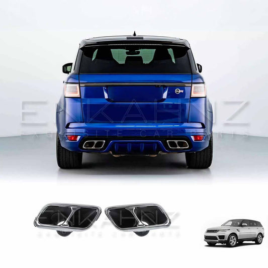 Blue Range Rover Sport 2018–2022 fitted with ENKAHNZ SVR style exhaust, with the product image of the exhaust displayed at the bottom.