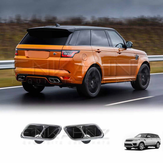 Orange Range Rover Sport 2018–2022 rear quarter angle view showcasing the SVR style exhaust by ENKAHNZ, with the exhaust product image at the bottom.