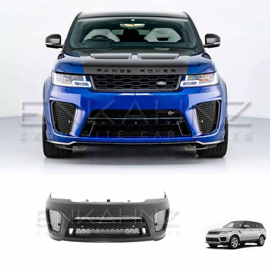 Front-facing blue Range Rover Sport 2018–2022 fitted with Enkahnz SVR front bumper, with the bumper product image displayed underneath.