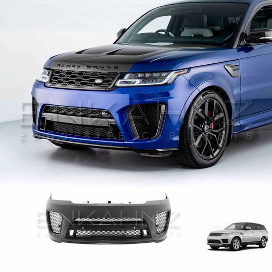 Front quarter angle view of a blue Range Rover Sport 2018–2022 featuring the Enkahnz SVR front bumper, with product image at the bottom.