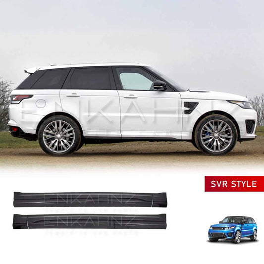 Side angle view of a white Range Rover Sport (2013–2017) with ENKAHNZ SVR Style door mouldings installed, featuring the door mouldings product image at the bottom on a white background.