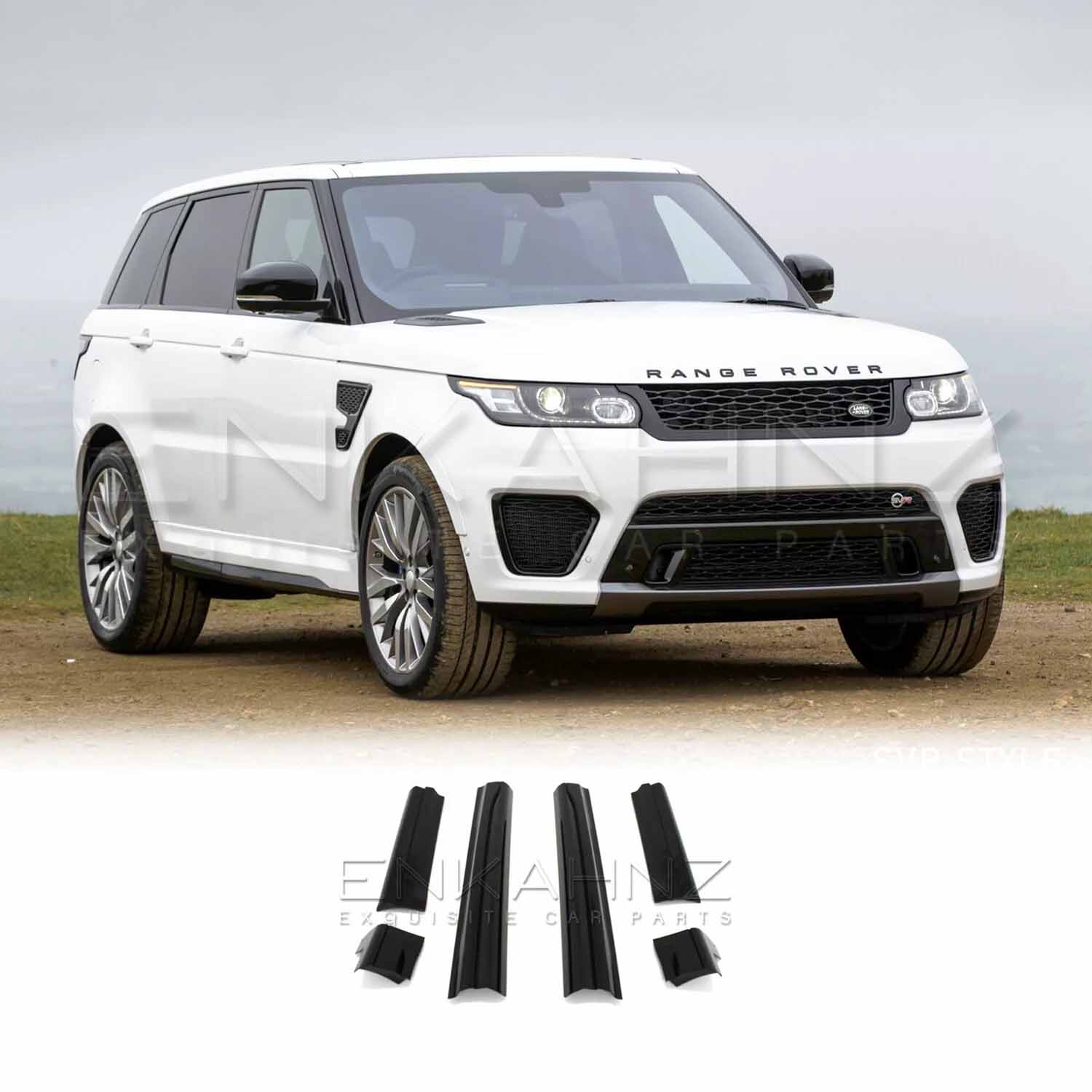 Front quarter, lower angle view of the white Range Rover Sport fitted with ENKAHNZ SVR Style door mouldings, with the product image included for reference.