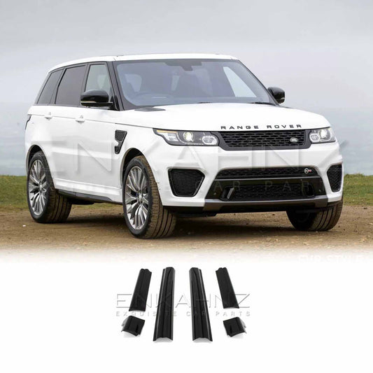 Front quarter, lower angle view of the white Range Rover Sport fitted with ENKAHNZ SVR Style door mouldings, with the product image included for reference.