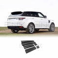 Load image into Gallery viewer, Rear quarter, lower angle view of a white Range Rover Sport (2013–2017) showcasing the installed ENKAHNZ SVR Style door mouldings, with the door moulding product image at the bottom against a white background.
