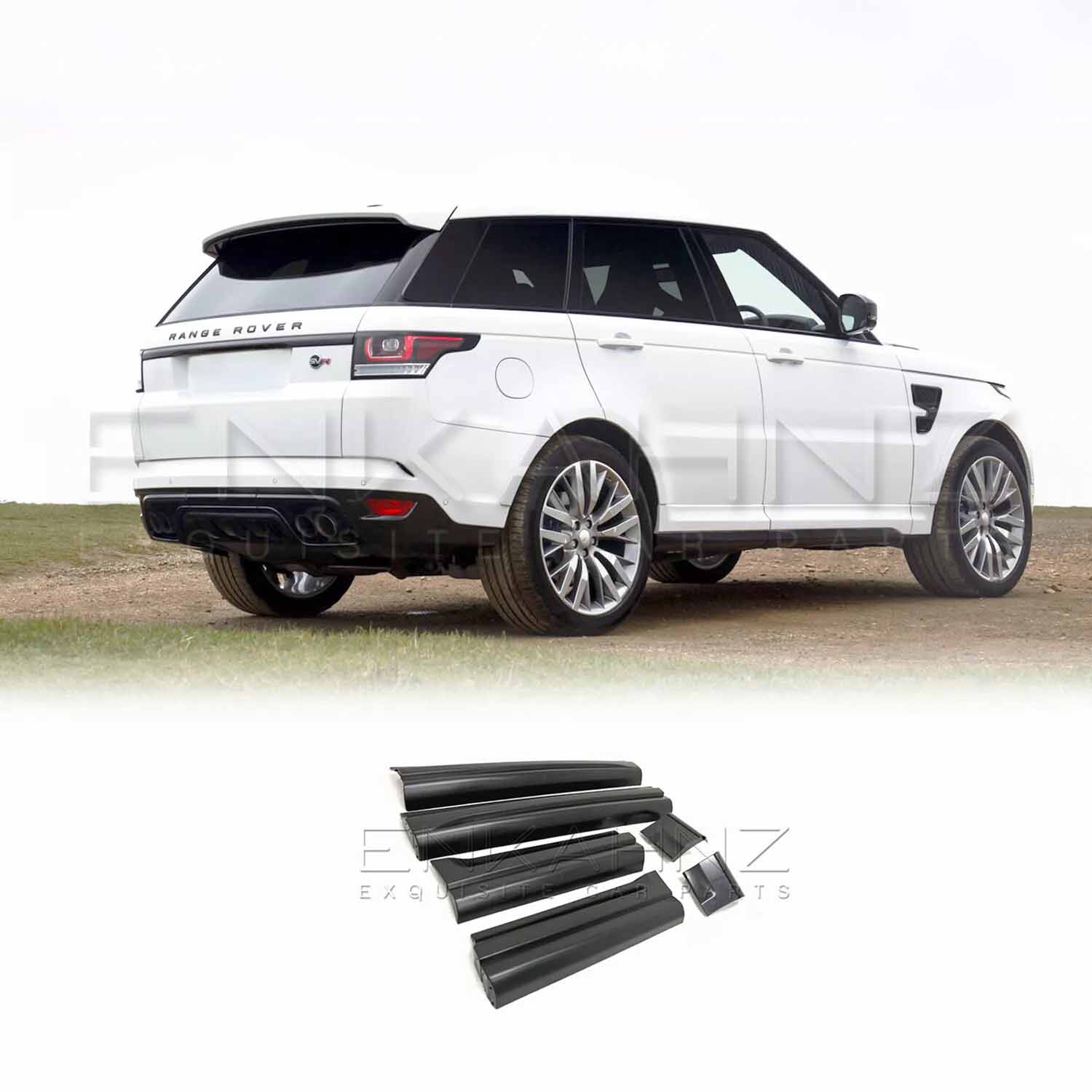 Rear quarter, lower angle view of a white Range Rover Sport (2013–2017) showcasing the installed ENKAHNZ SVR Style door mouldings, with the door moulding product image at the bottom against a white background.