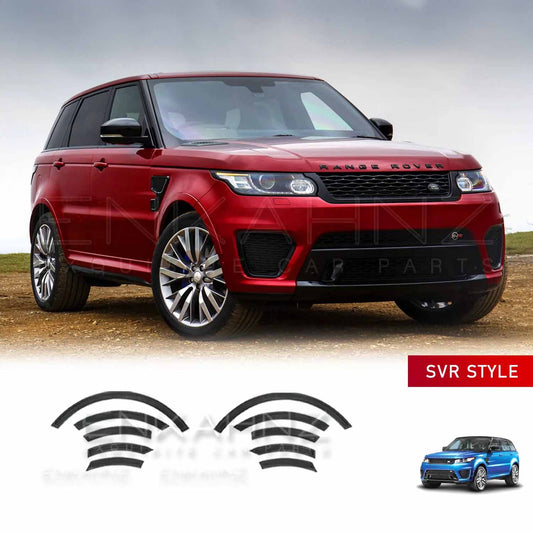 Front quarter view of a red Range Rover Sport 2013 pre-facelift on a hilltop, fitted with ENKAHNZ SVR style wheel arches; product image shown at the bottom.