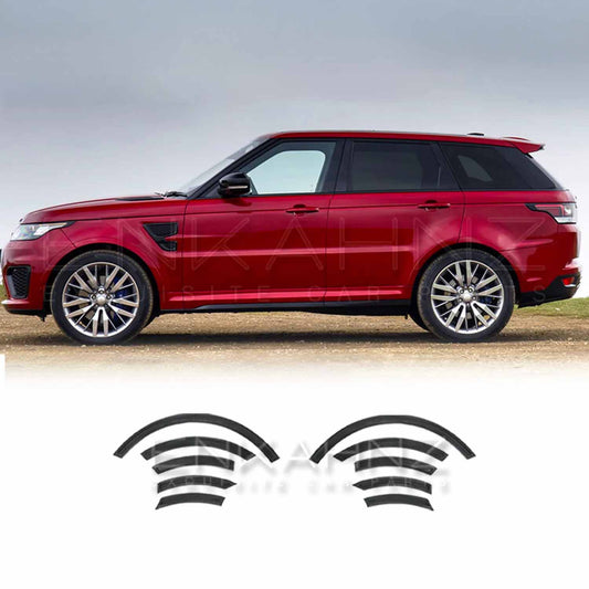 Side angle view of a red Range Rover Sport 2013 pre-facelift with ENKAHNZ SVR style wheel arches; wheel arch product images displayed at the bottom.