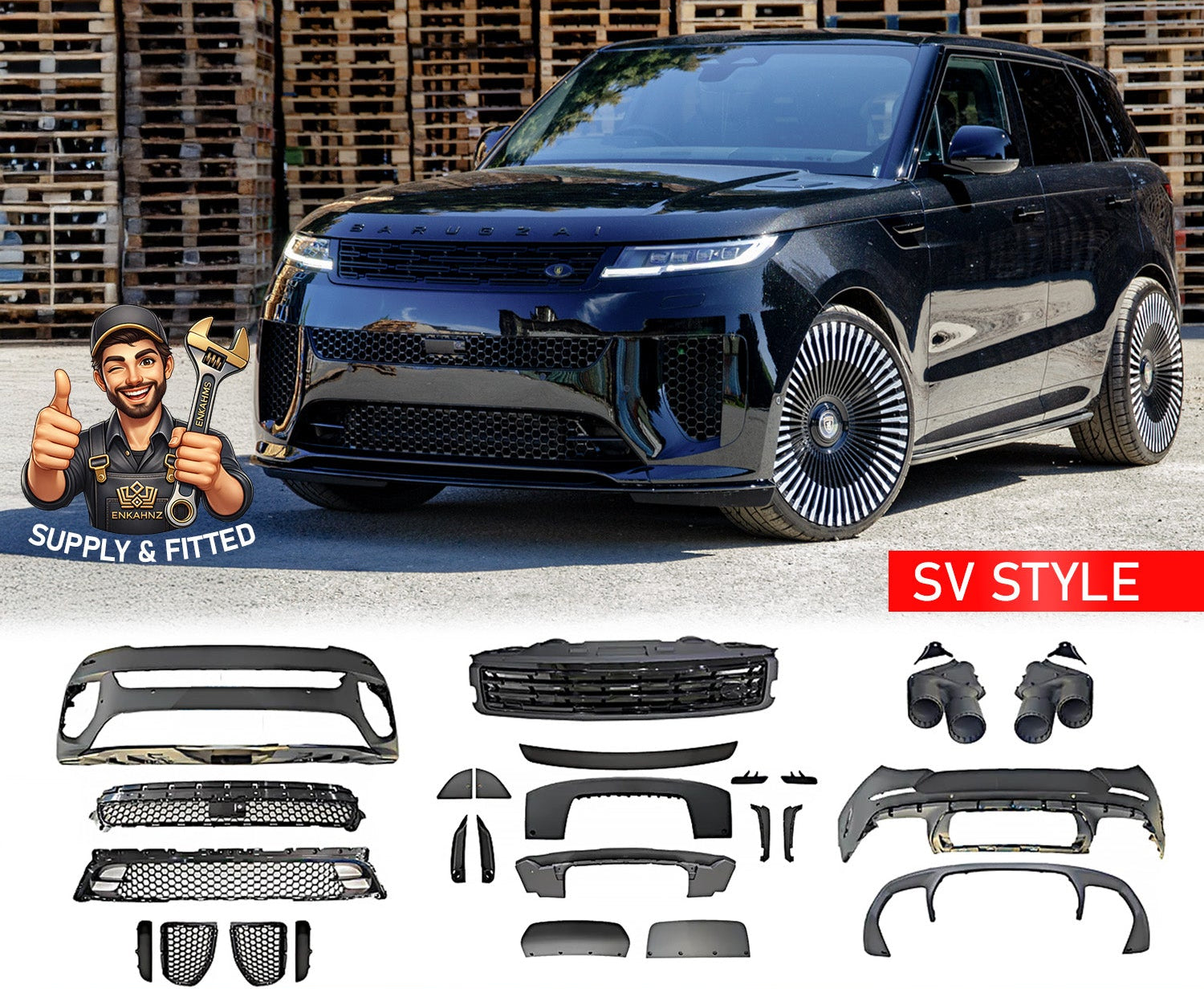 Front Quarter Range Rover Sport 2023+ with SV Style bodykit components displayed below, branded by Enkahnz.