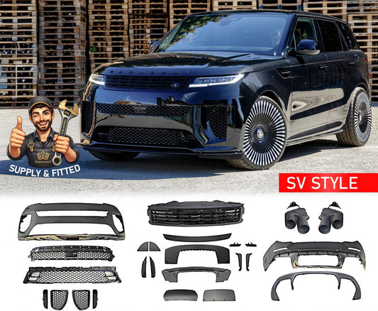 Front Quarter Range Rover Sport 2023+ with SV Style bodykit components displayed below, branded by Enkahnz.